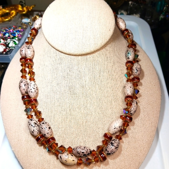 Pastel Speckled Robin's Egg Beads with Brown Crystal AB & Gold tone Necklace - Picture 7 of 8